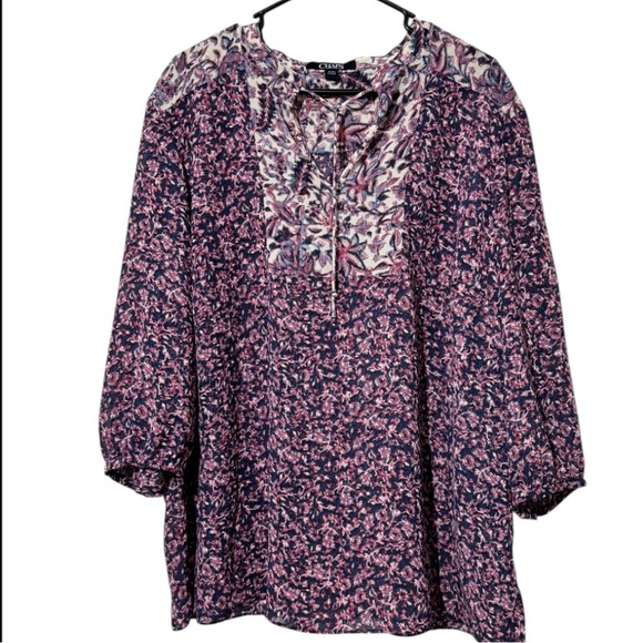 Chaps Blue & Pink Floral 3/4 Sleeve Tie Neck Boho Peasant Blouse Top Sz 2X - Picture 1 of 7
